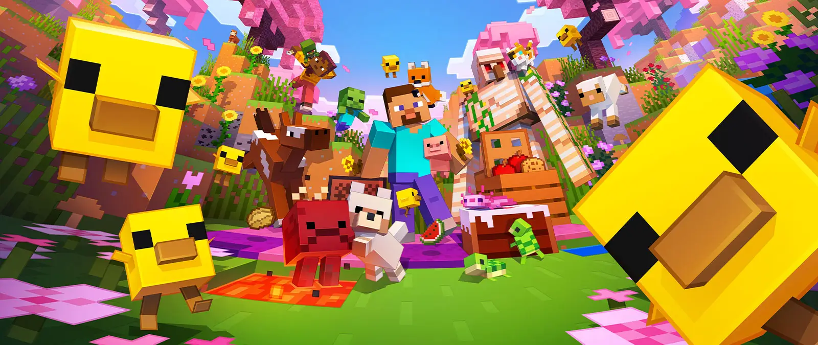 Steve surrounded by a squad of Minecraft mobs and animals, representing a gaming PC built by ASC, UK