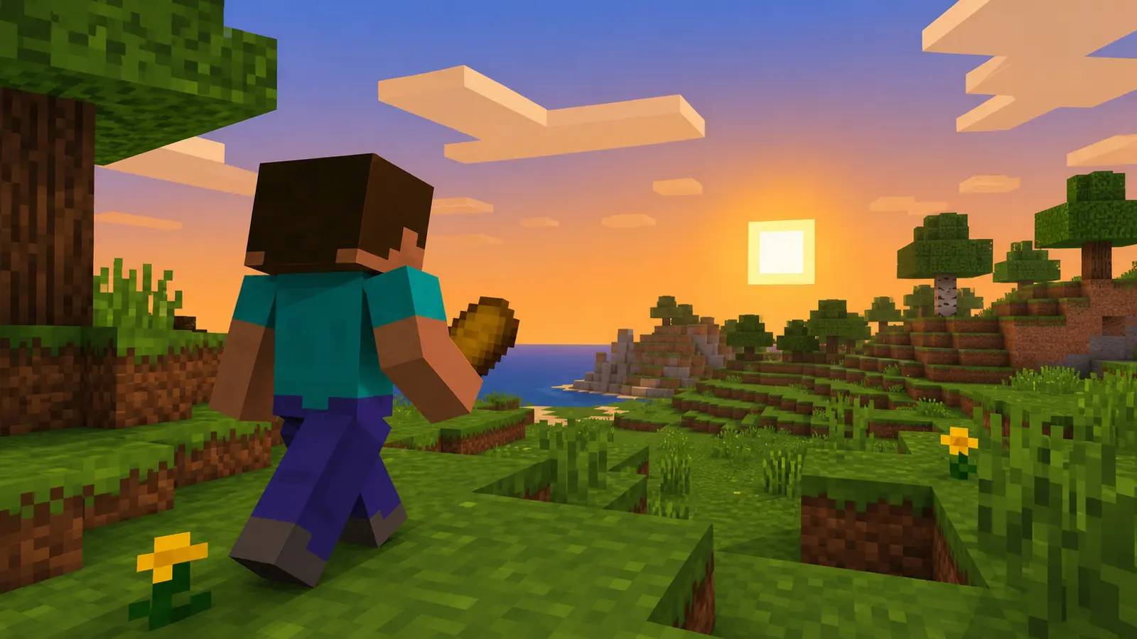 Steve exploring a Minecraft world at sunset, running smoothly on an ASC gaming PC, UK