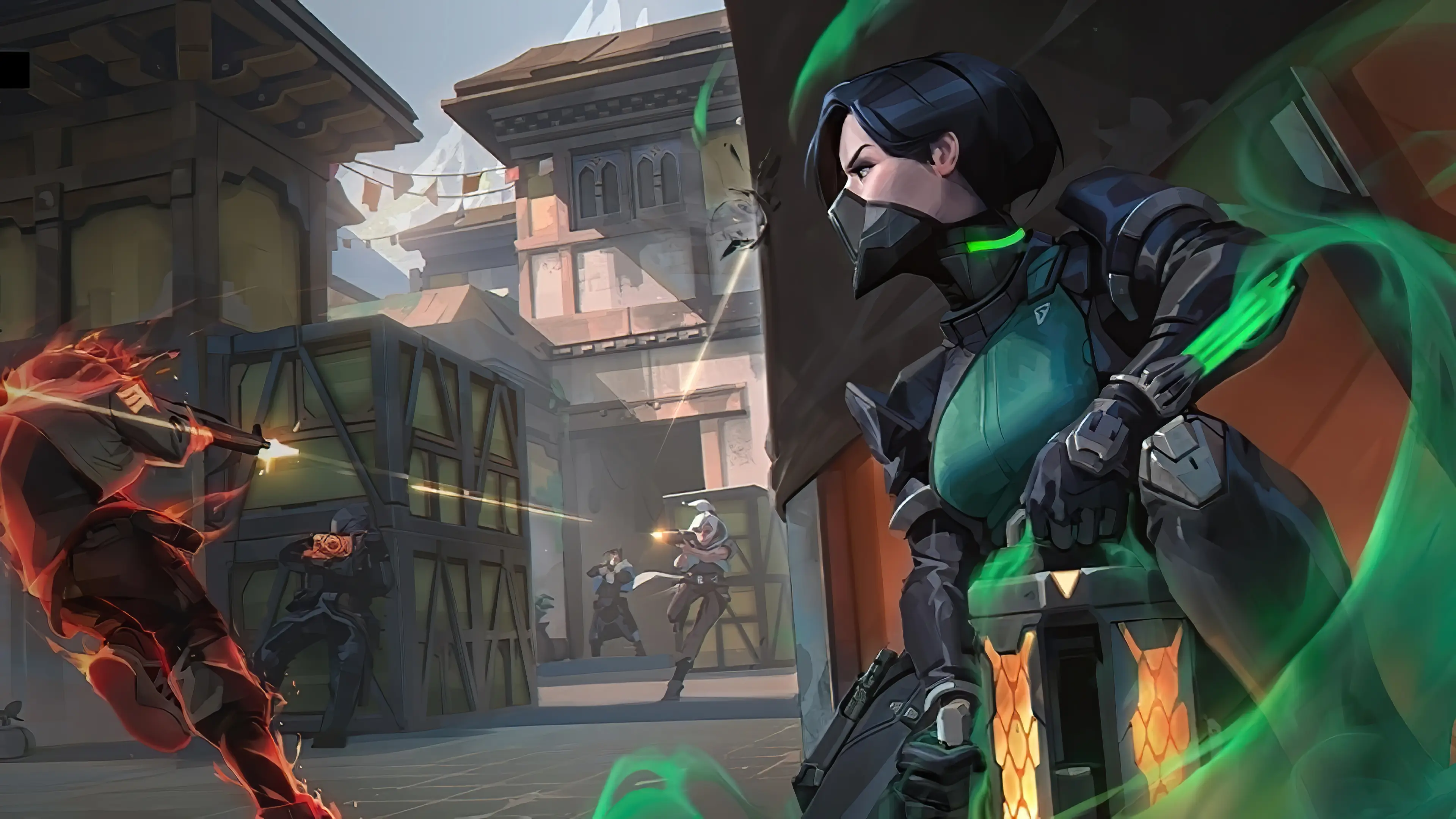Valorant agent peeking a corner mid-gunfight with a tactical ability active, running smoothly on an ASC gaming PC, UK