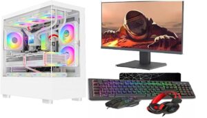 Ryzen 5 5500 RTX 4060 Gaming PC Bundle with white RGB glass case and 22-inch monitor