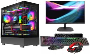 ASC Gaming PC Bundle: AMD Ryzen 5 5500, 16GB RAM, 1TB HDD NVME, GT730 4GB Graphics, Windows 11, 22" Monitor, Black RGB 9 Fan Glass Gaming Case.