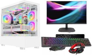 ASC Gaming PC Bundle, AMD Ryzen 5 5500, 16GB RAM, 1TB+256GB SSD, GT1030 2GB Graphics, 22" Monitor, Windows 11, White RGB 9 Fan Glass Gaming Case.
