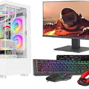ASC Gaming PC Bundle, AMD Ryzen 5 5500, 16GB RAM, 1TB+256GB SSD, GT1030 2GB Graphics, 22" Monitor, Windows 11, White RGB 9 Fan Glass Gaming Case