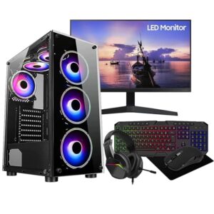 ASC Gaming PC Bundle: AMD Ryzen 5 5500, 16GB RAM, 1TB+256GB SSD, GTX 750 4GB Graphics, Windows 11, Black RGB 6 Fan Glass Gaming Case