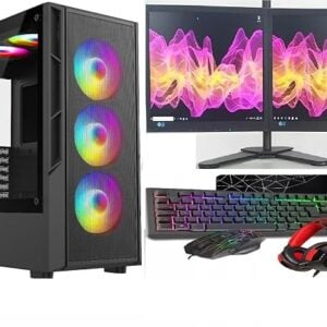 ASC Gaming PC Dual Bundle: AMD Ryzen 5 5500, 16GB RAM, 1TB+256GB SSD, GT1030 2GB Graphics, 2x22" Monitor, Windows 11, Black RGB 6 Fan Mesh Gaming Case.