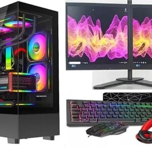 ASC Gaming PC Dual Bundle: AMD Ryzen 5 5500, 16GB RAM, 1TB+256GB SSD, GT1030 2GB Graphics, 2x22" Monitor, Windows 11, Black RGB 9 Fan Glass Gaming Case.