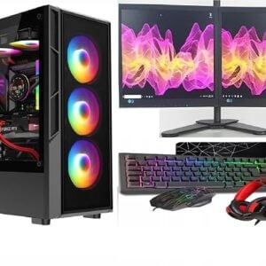 ASC Gaming PC Dual Bundle: AMD Ryzen 5 5500, 16GB RAM, 1TB+256GB SSD, GT1030 2GB Graphics, 2x22" Monitor, Windows 11, Black RGB 6 Fan Glass Gaming Case